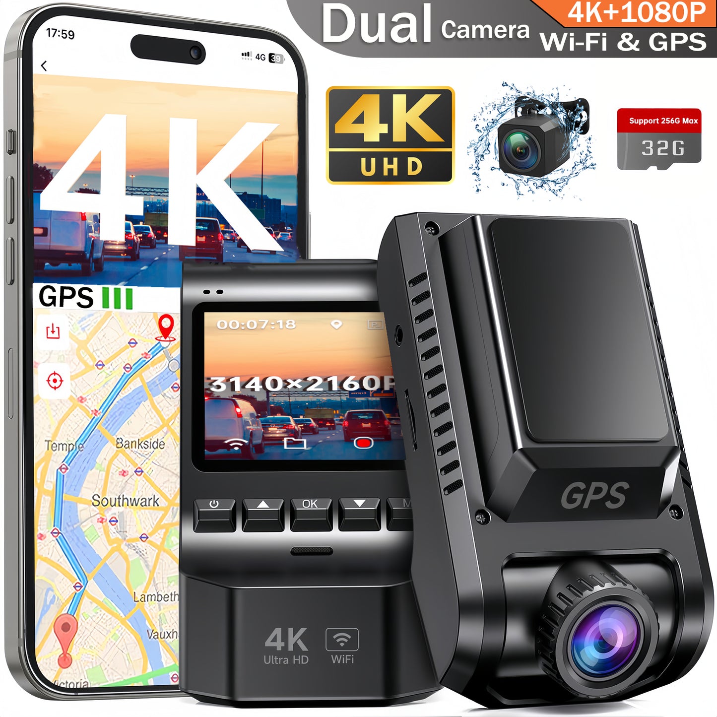 Dash Cam, Artsic 4K Dash Cam Front and Rear with Wi-Fi & GPS, APP Control, Dual Dash Camera for Cars with WDR Night Vision, G-Sensor, 24H Parking Mode, 32GB Card, Support 256GB Max, Black