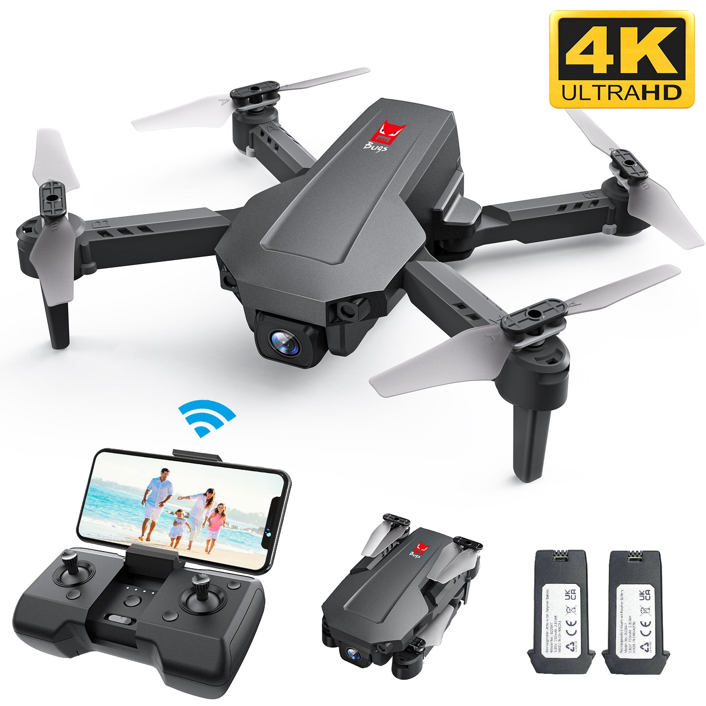 Foldable Drones 4k camera for Kids and Adults, Quadcopter WiFi FPV Live Video, Toys Gifts for Boys Girls with Altitude Hold, Headless Mode, One Key Take Off, 3D Flips, 2 Batteries, Easy for Beginner