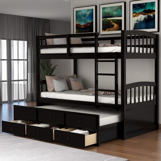 Twin Over Twin Trundle Bed with 3 Storage Drawers, Twin Over Twin with Twin Size Trundle Bed, Solid Wood Bunk Bed Frame with Ladder, Safety Rail for Boys & Girls, No Box Spring Needed