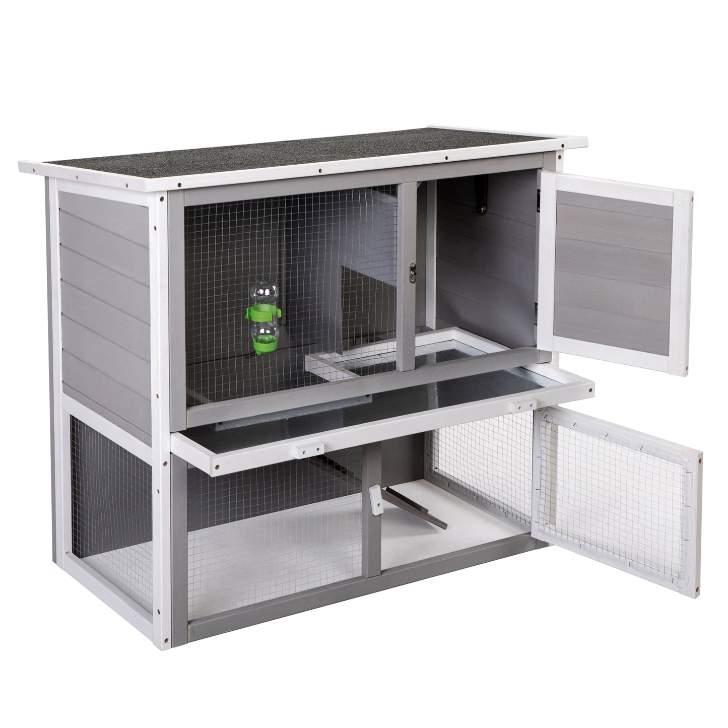 "Wooden Rabbit Hutch with Pull Out Tray,Weatherproof 2-Tier Bunny Run Cage,Outdoor Animal Enclosure for Multiple Pets - Gray"