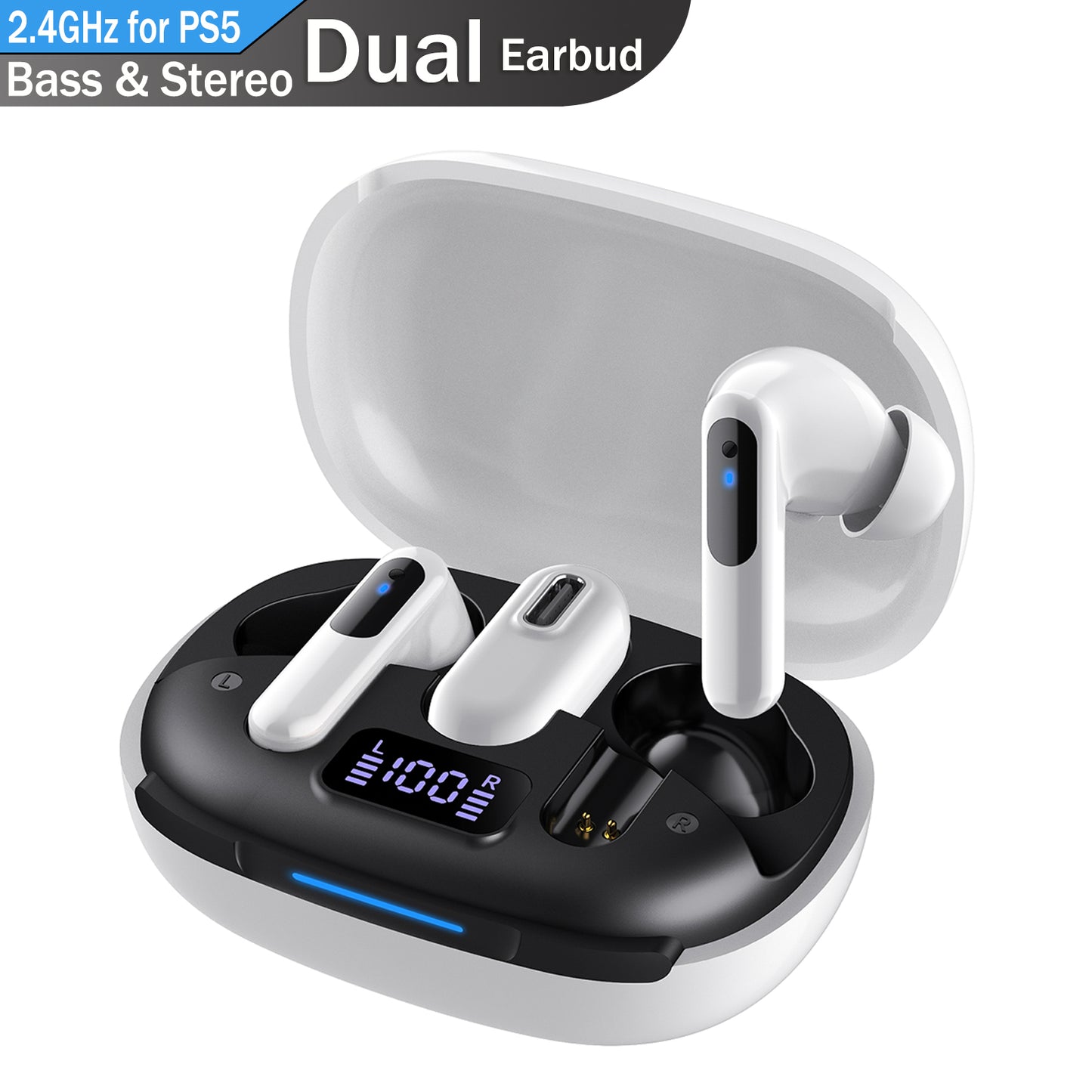 Ecomoment Wireless Earbuds, Bluetooth 5.3 Headphones with Bass Stereo, Ear Buds with Noise Cancelling Mic, 2.4GHz Gaming Earbuds 36H Playback Power Display for PS5, PS4, VR, Phone, PC, Laptop, Mac