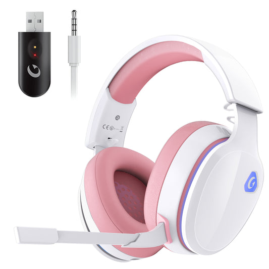 Wireless Gaming Headset for PS5, PS4, PC, Switch, Mac with Bluetooth 5.2, 2.4GHz USB Gaming Headphones with Detachable Noise Canceling Mic,Stereo Sound,3.5mm Wired Mode for Xbox Series,Pink