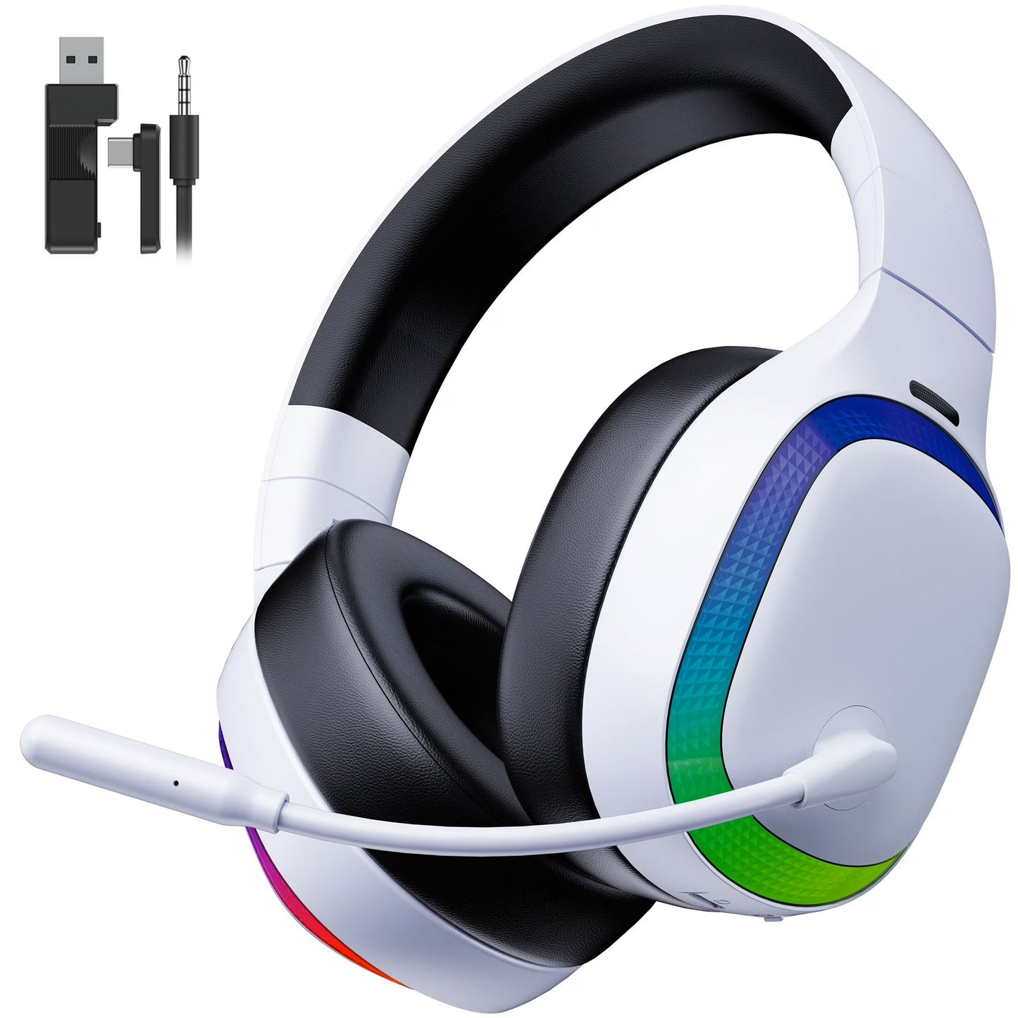 " Ecomoment Wireless Gaming Headset for PS5, PC,Switch,Mac with Bluetooth 5.4, 2.4GHz USB PS5 Headset with Mic,Gaming Headphones with RGB Light, 70H Battery Life,White"