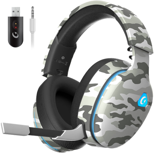 Wireless Gaming Headset for PS5, PS4, PC, Switch, Mac with Bluetooth 5.2, 2.4GHz USB Gaming Headphones with Detachable Noise Canceling Mic,Stereo Sound,3.5mm Wired Mode for Xbox Series,Camo