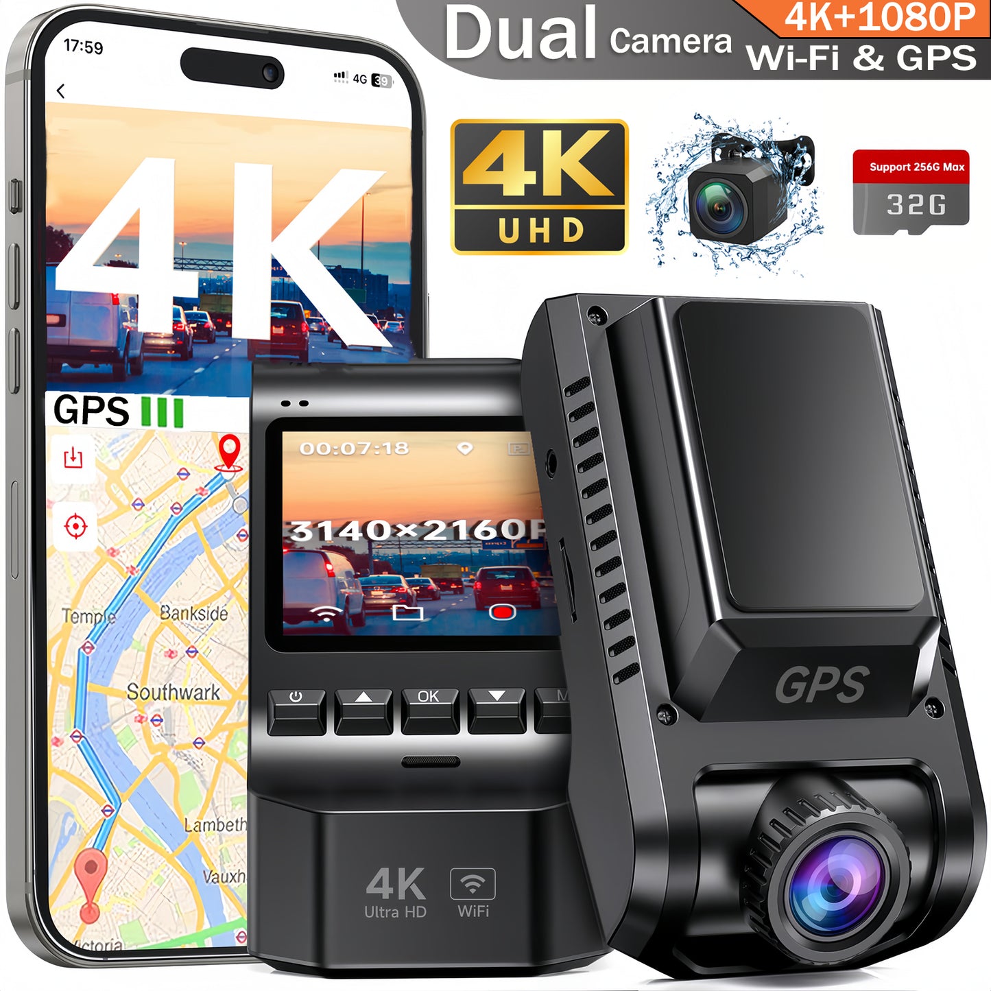 Dash Cam Front and Rear, Artsic 4K Ultra HD Dash Camera for Cars Included 32GB SD Card, Car Camera with Built-in WiFi & GPS, APP Control, Night Vision, G-Sensor, Loop Recording, Parking Mode