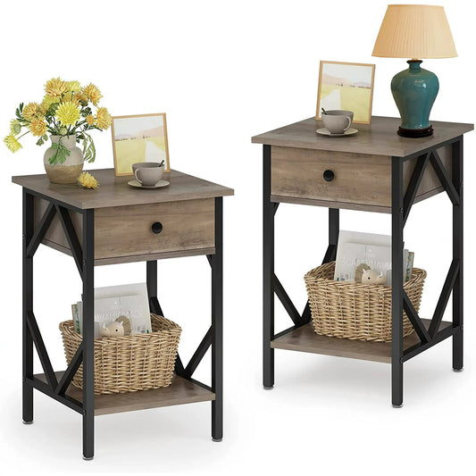 Nightstands Set of 2, Accent End Table with Drawer and Open Shelf, Side Table End Table for Bedroom, Living Room, Guest Room, Modern Farmhouse Bedside Table, 23.6" H