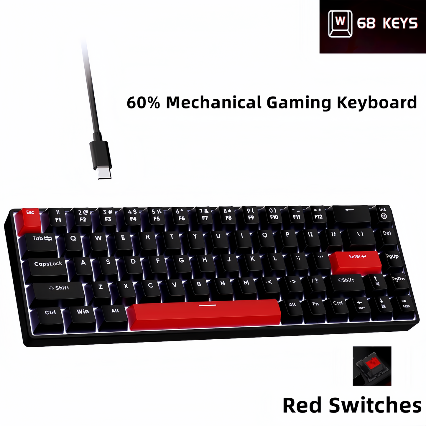 FFN 68-Key 60% Mechanical Gaming Keyboard with Red Switches-Compact Design with Detachable Type-C Cable,LED Backlit for Gaming Smooth,Compatible with Win/Mac/Linux/PC/Laptop-Black
