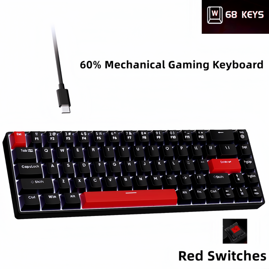 FFN 68-Key 60% Mechanical Gaming Keyboard with Red Switches-Compact Design with Detachable Type-C Cable,LED Backlit for Gaming Smooth,Compatible with Win/Mac/Linux/PC/Laptop-Black