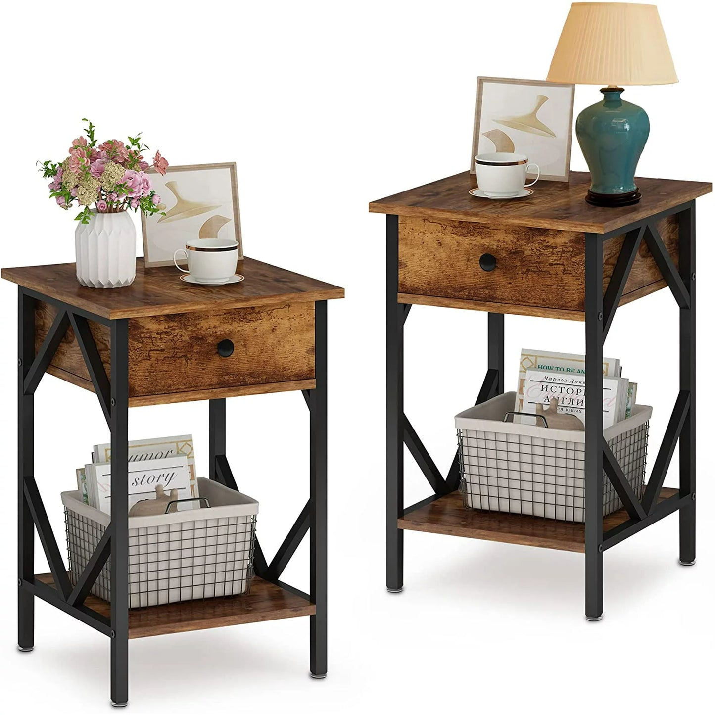 Nightstands Set of 2, Accent End Table with Drawer and Open Shelf, Side Table End Table for Bedroom, Living Room, Guest Room, Modern Farmhouse Bedside Table, 23.6" H