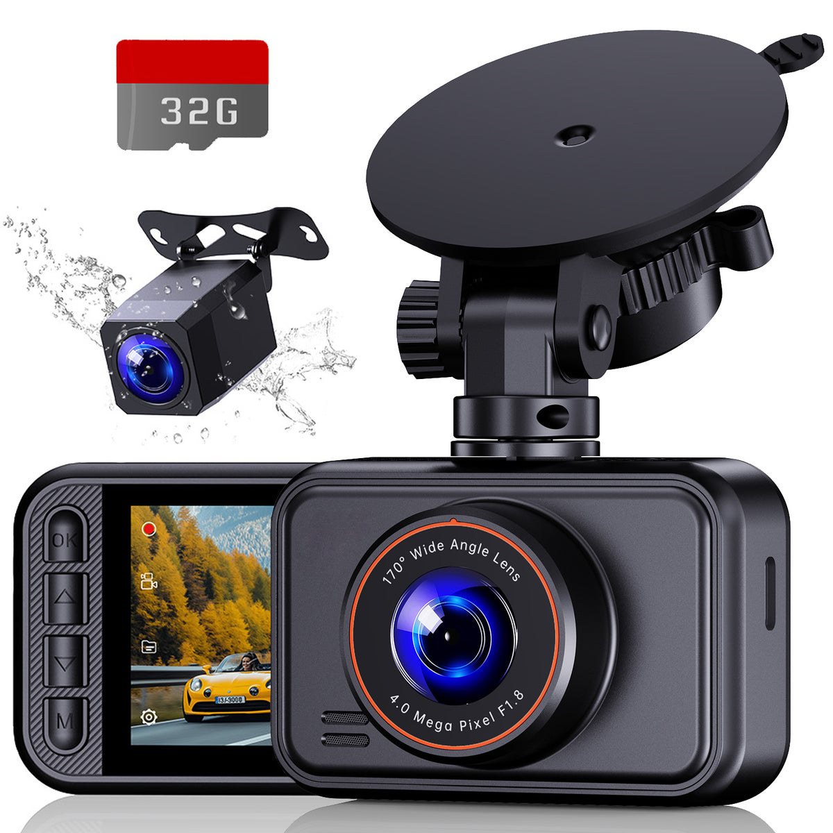 Dash Cam, Dash Cam Front and Rear, Artsic 2560P Mini Car Camera, 2 inch IPS Screen, WDR Night Vision, G-Sensor, 32GB Card, Support 256GB Max, Black