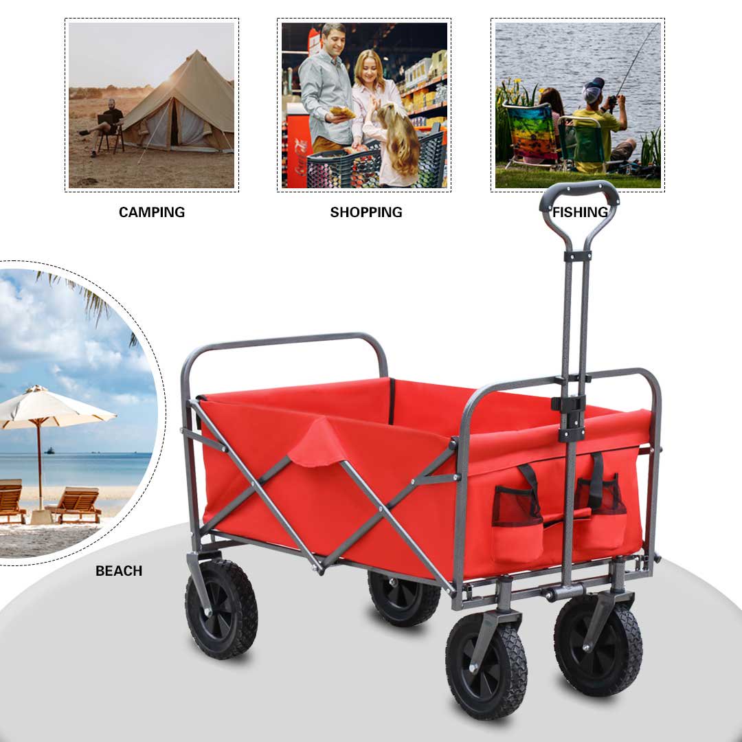 Push and Pull Collapsible Utility Wagon, Piscis Heavy Duty Folding Portable Hand Cart with Removable Canopy, 7" All-Terrain Wheels, Adjustable Handles for Shopping, Picnic, Beach, Camping