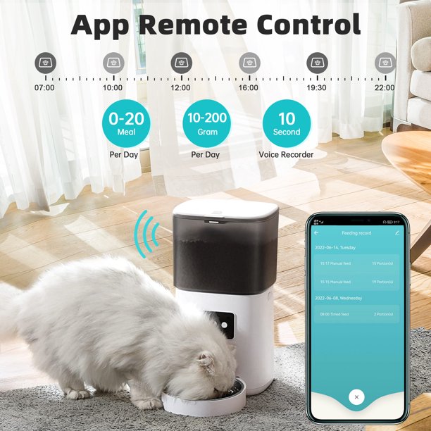 Automatic Pet Feeder 6L, Cat Food Dispenser with APP Control for Pet Dry Food, Stainless Steel Bowl, Low Food& Clog Free Design,Up to 10s Meal Call for Cat and Dog