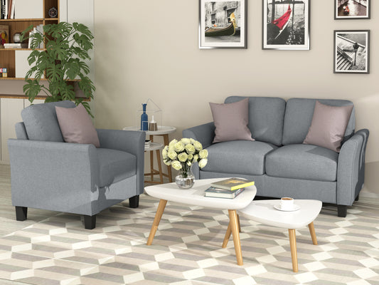 2 Piece Living Room Furniture Sets, Linen Fabric Sectional Couches for Living Room, Single Accent Chair and Loveseat Sofa, Living Room Sofa Set for Home