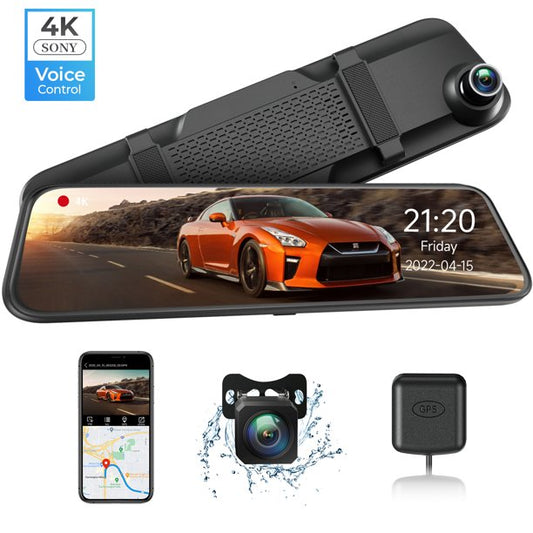 Mirror Dash Cam 4K , 12" IPS Full Touch Screen,Waterproof Backup Rear View Camera,Voice Control, GPS Tracking,Loop Recording,Night Vision,Parking Monitor for Cars