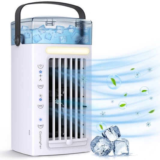 Portable Desk Air Conditioner Fan, 3 in 1 Desk Air Cooler and Humidifier, Mobile Air Cooling Fan with 3 Fan Speeds and 7 Colors LED Light for Home Office Bedroom Outdoor