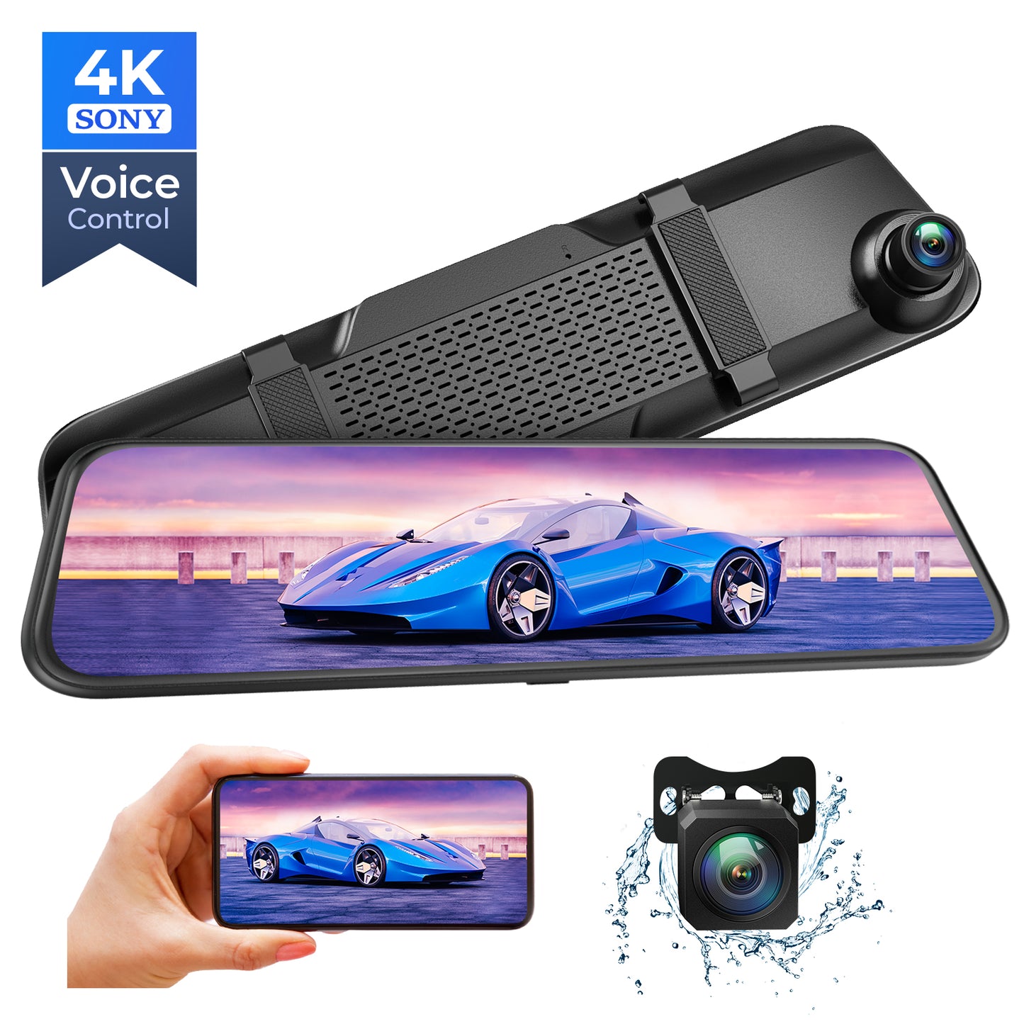 4K Mirror Dash Cam, 12" IPS Full Touch Screen, 1080P Dash Cam Waterproof Backup Rear View Camera, GPS Tracking, Voice Control, Loop Recording, Night Vision, Parking Monitor for Cars