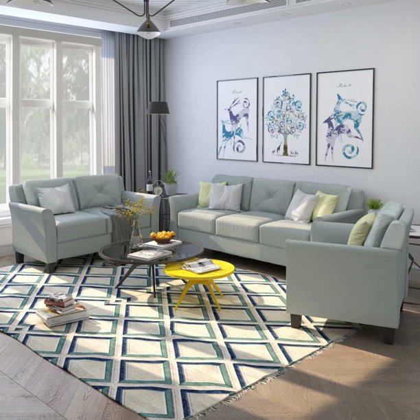3-Piece Living Room Sets, Living Room 3 Piece Sofa Couch Set, 3 Seats Loveseat with Single Chair Sectional Sofa Set, Furniture Sofa Set for Home & Apartment, Grey