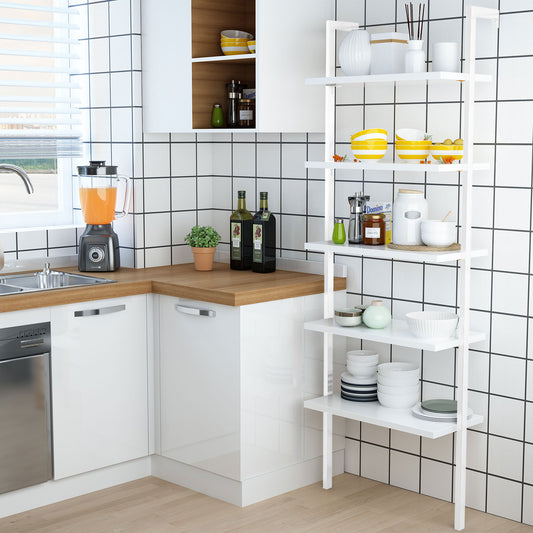 Nathan Wood Ladder Industrial 5-Shelf White Ladder Bookcase with White Open Shelves and White Metal Frame