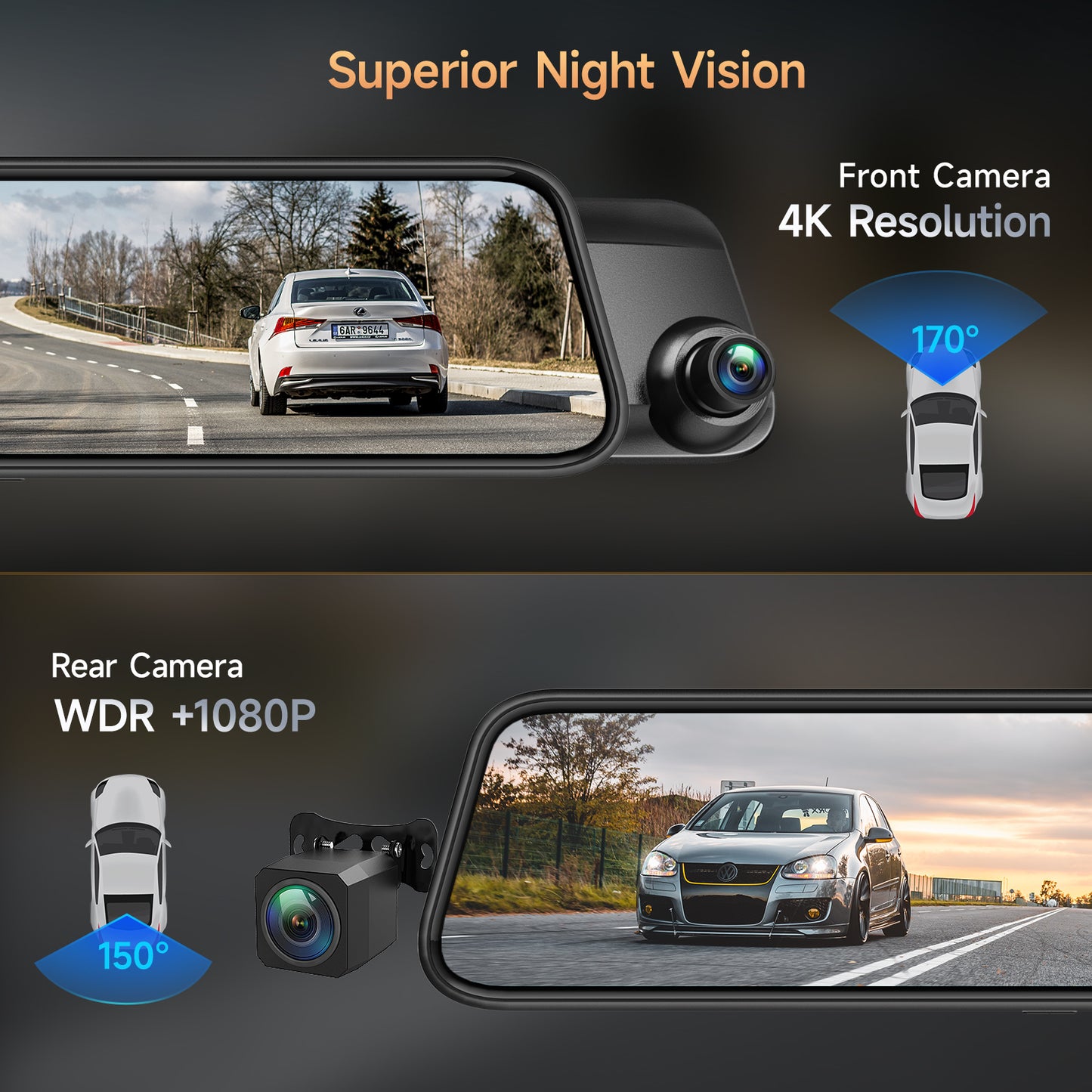 4K Mirror Dash Cam, 12" IPS Full Touch Screen, 1080P Dash Cam Waterproof Backup Rear View Camera, GPS Tracking, Voice Control, Loop Recording, Night Vision, Parking Monitor for Cars