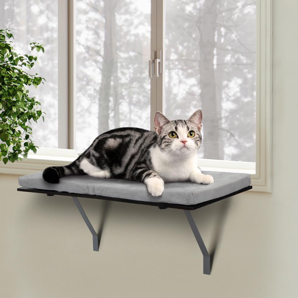 "Cat Perch Window Mounted Shelf Bed with Velvet Cushion for Rest, Cat Window Hammock Seat Perch Saving Space, Black Gray"