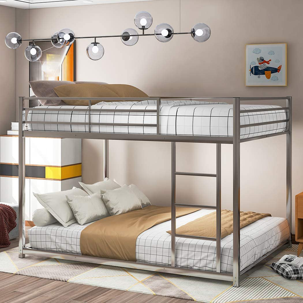 Full over Full Low Bunk Bed, Metal Full Bunk Bed Frame with Full-Length Guardrails Ladder for Kids, Easy Assembly, No Springs Box Needed, Silver（JX2-G）
