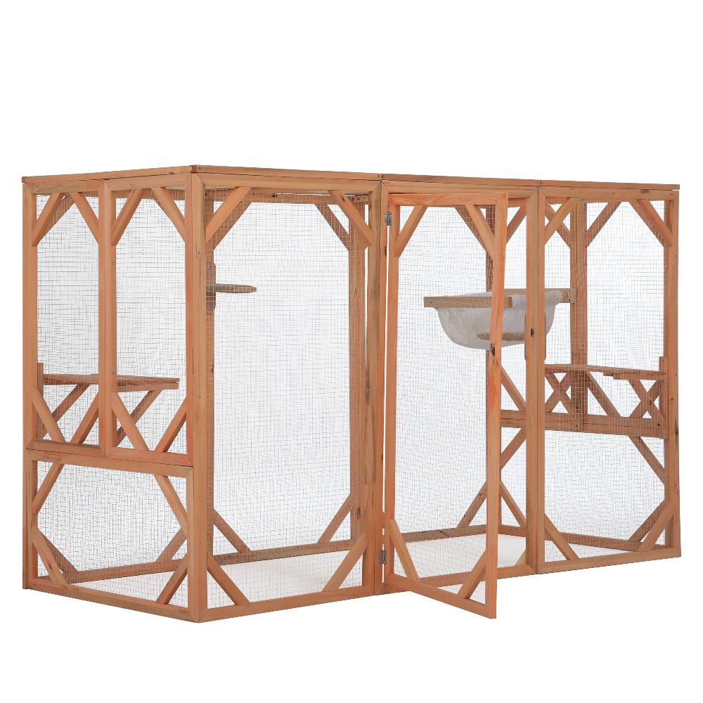 "Large Cat Cage, Wooden Cat Catio Enclosure with Solar Flat Roof, Platforms, Sisal Rope Pedals, Hammock, Door, Indoor and Outdoor Pet Playpen, Orange"