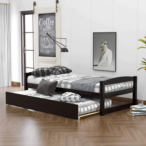Wooden Daybed, Sofa Bed, Wooden Captain's Pull-Out Twin Size Trundle for Bedroom Living Room Guest Room Furniture, Espresso
