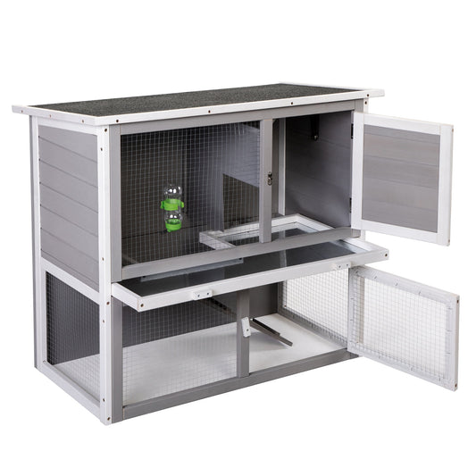 "Wooden Rabbit Hutch with Pull Out Tray,Weatherproof 2-Tier Bunny Run Cage,Outdoor Animal Enclosure for Multiple Pets - Gray"
