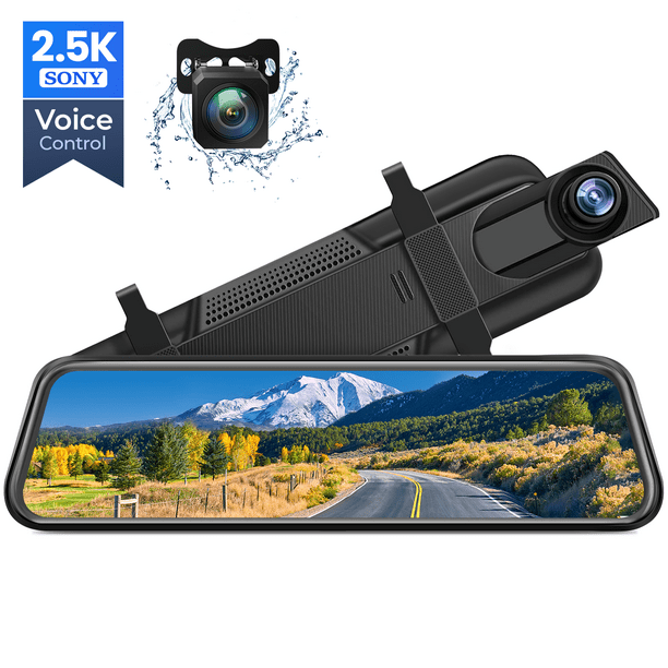 2.5K Mirror Dash Cam, 10" Touch Screen Dual Dash Cam with Voice Control, Rear View Mirror Camera, Waterproof Backup Camera, Parking Assist, Smart Parking Mode, Loop Recording, G-Sensor