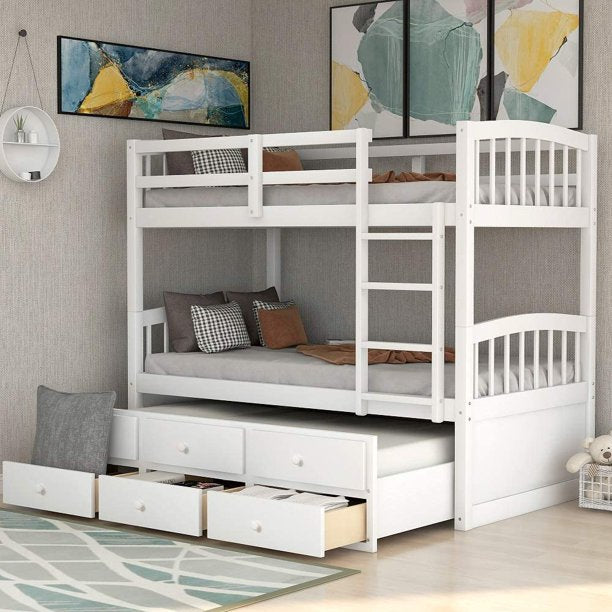 Twin Over Twin Bunk Bed with Trundle & 3 Drawers, Solid Wood Frame with Ladder & Safety Rail, Bunk Bed Frame Kids Bed for Boys & Girls, No Box Spring Needed