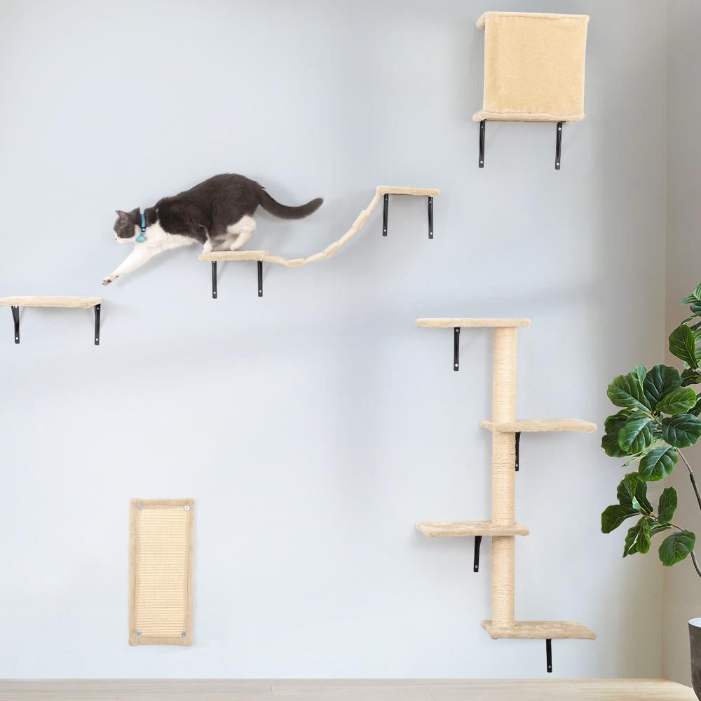 "5 Pcs Wall Mounted Cat Climber Set, Floating Cat Shelves and Perches, Cat Activity Tree with Scratching Posts, Modern Cat Furniture, Beige"