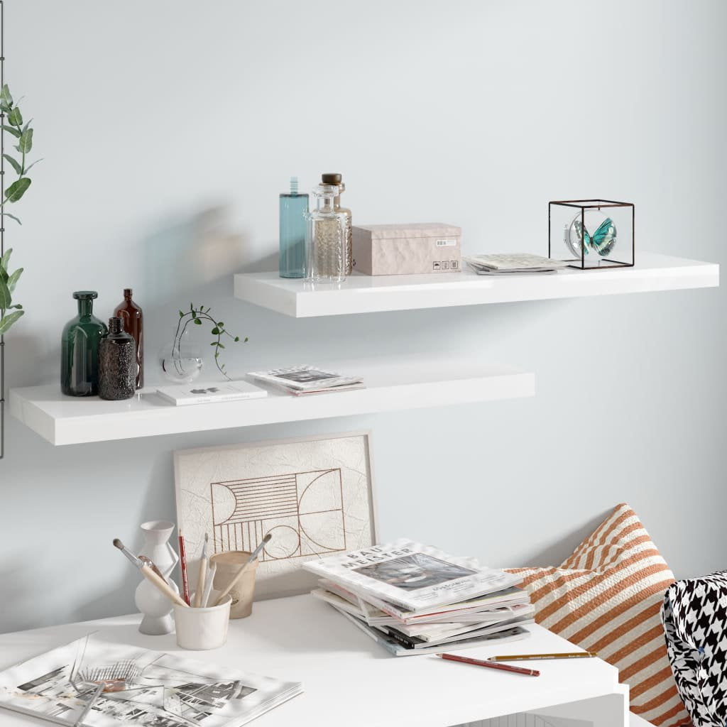 Floating Shelf Set of 2, Wall Shelf 31.5 Inch, Hanging Shelves Wall Mounted, for Photos, Decorations, MDF, High Gloss White Long Shelves